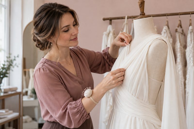 Schneiderin bei der Arbeit an einem Brautkleid