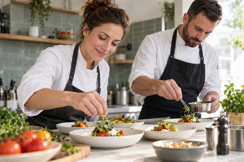 Köche beim Anrichten in einer professionellen Küche