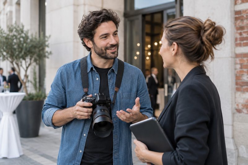 Fotograf im Gespräch bei einer Veranstaltung