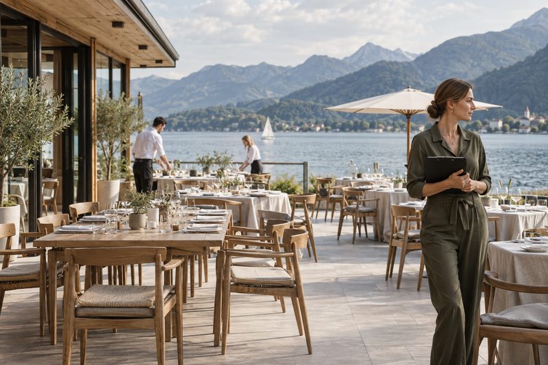 Locationmanagerin auf einer Terrasse am Alpensee