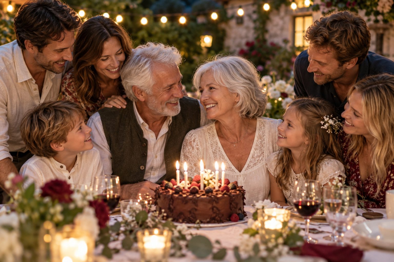 Drei Generationen feiern ein Jubiläum an einer Tafel mit Torte und Lichterketten