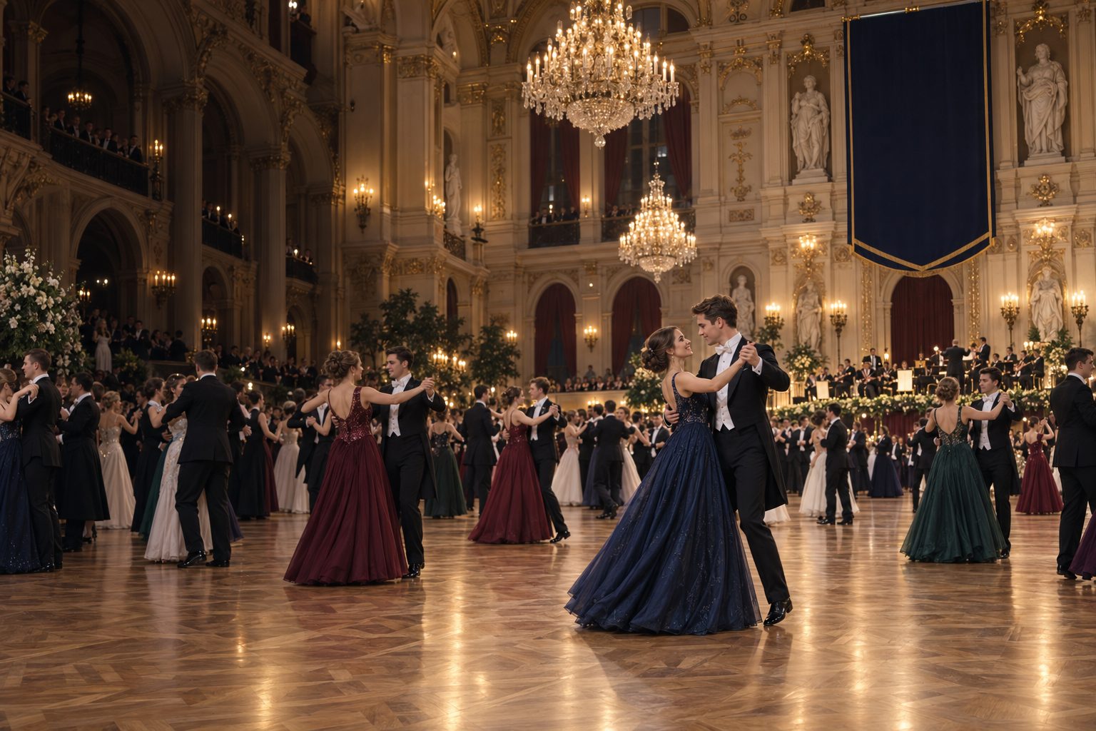 Festlich beleuchteter Ballsaal am Abend