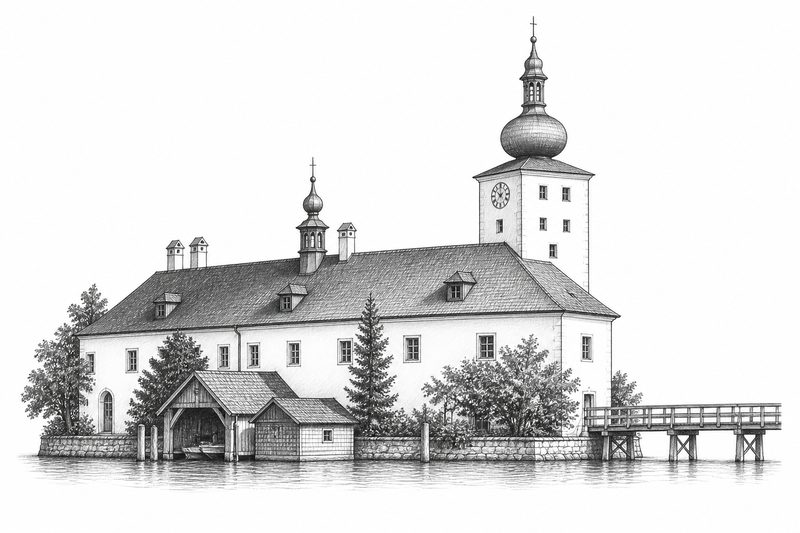 Bleistiftzeichnung: Seeschloss Ort