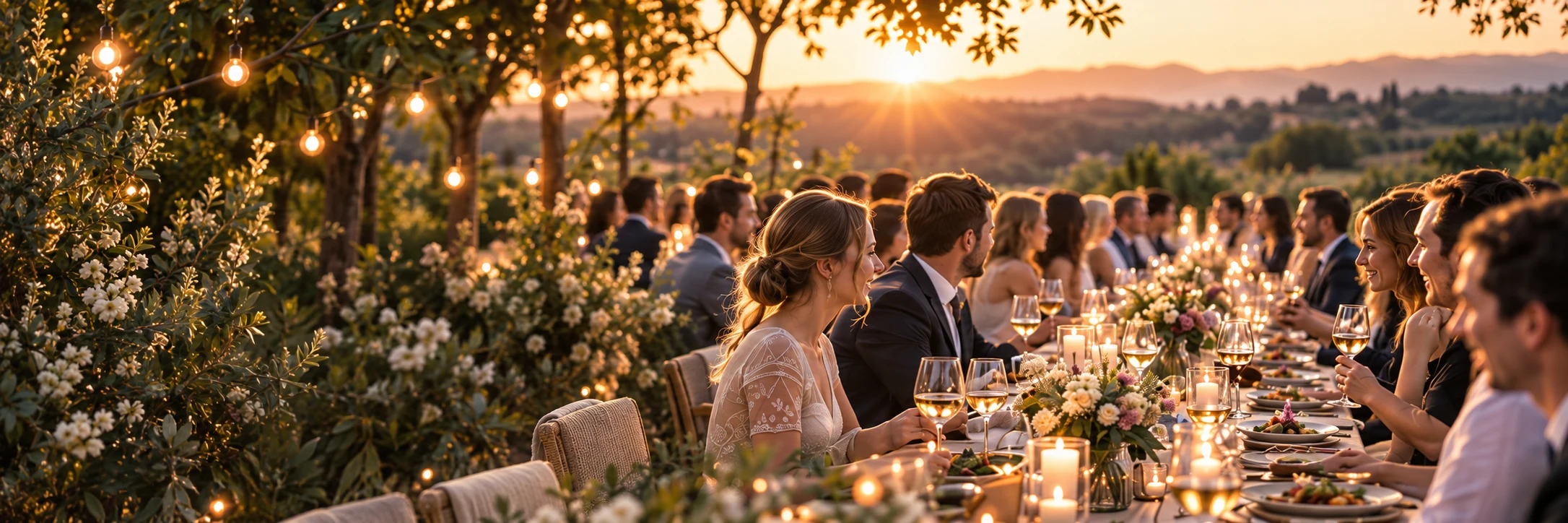 Eine festlich gedeckte Tafel im Abendlicht.
