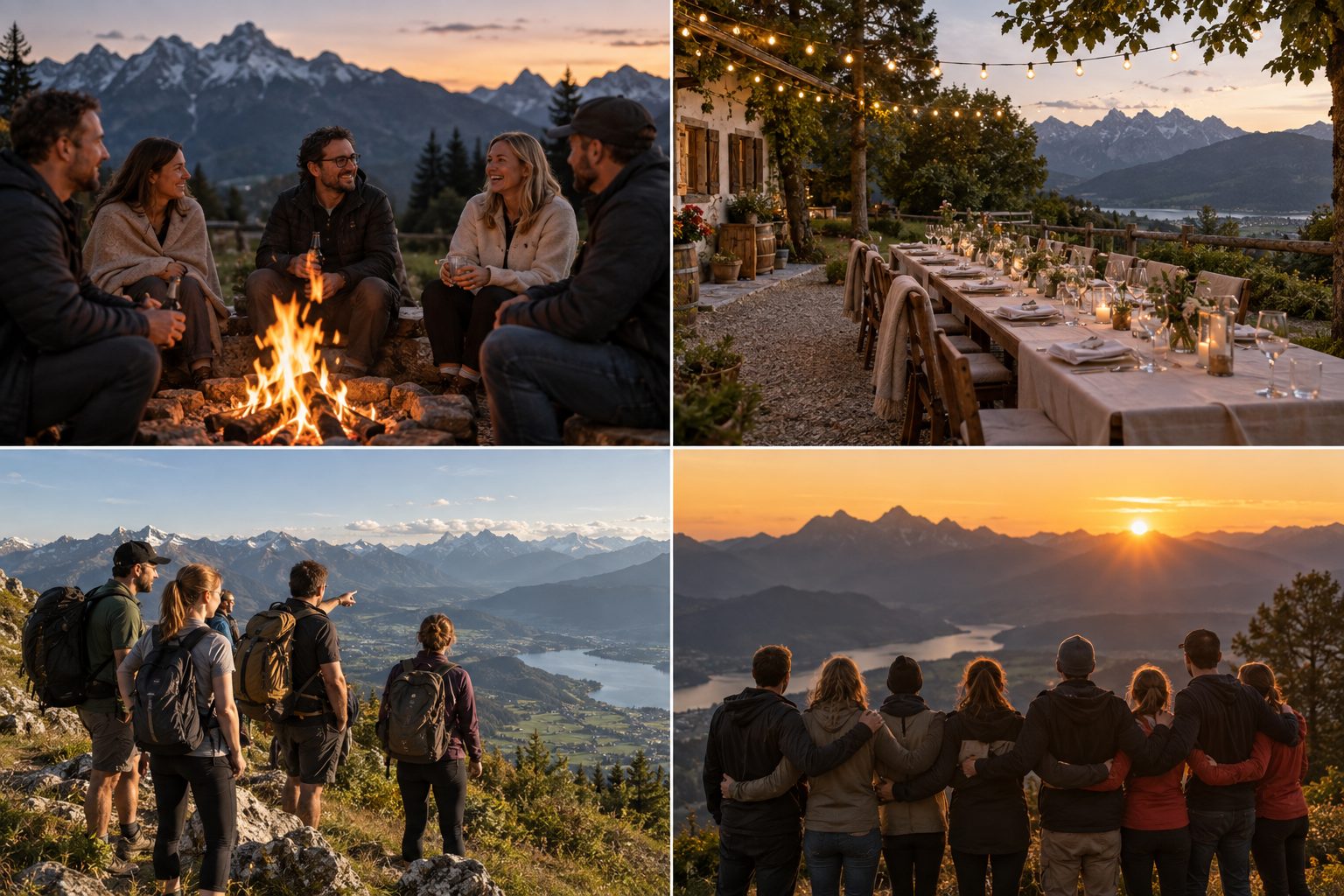 Team am Lagerfeuer in den Bergen