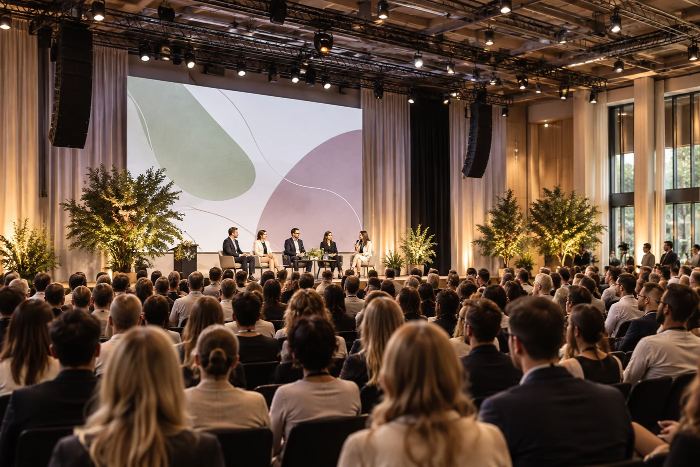Professionelle Konferenz mit Bühne und Publikum