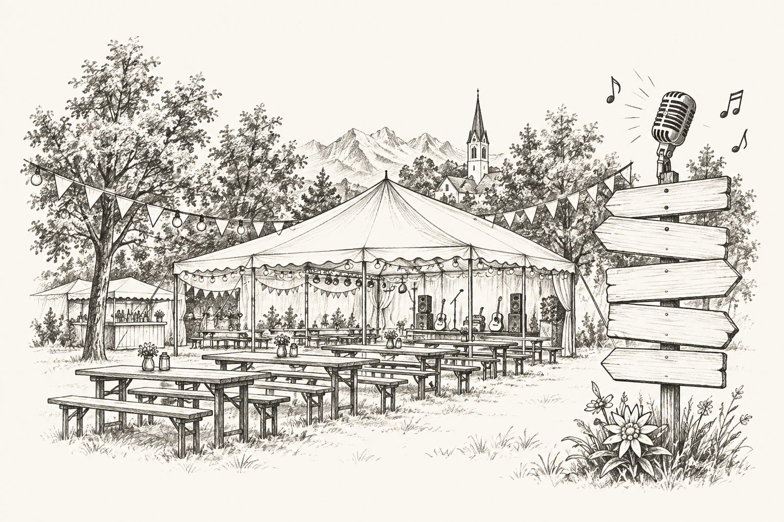 Bleistiftzeichnung von Festzelt, Bänken, Mikrofon und Wegweiser