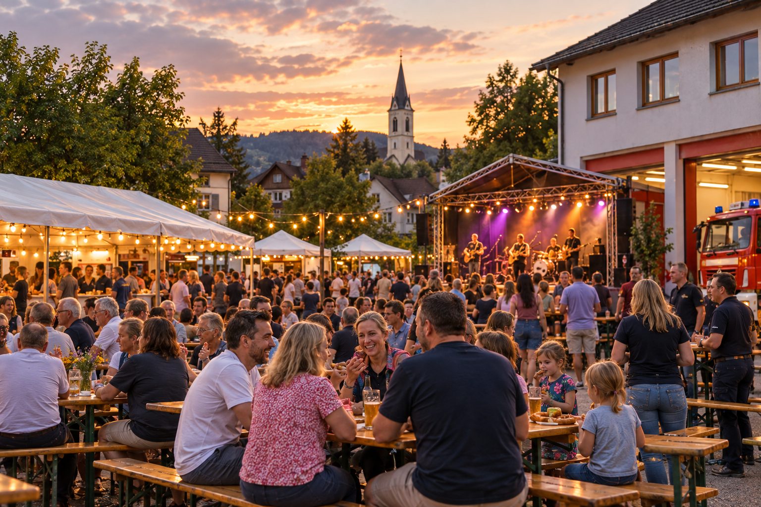 Menschen feiern an langen Tischen beim sommerlichen Feuerwehrfest im Ort