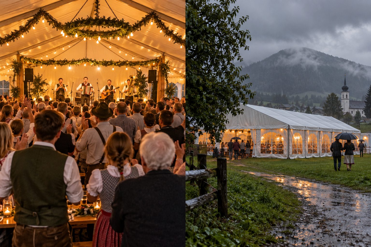 Liveband und Publikum im festlich beleuchteten Zelt