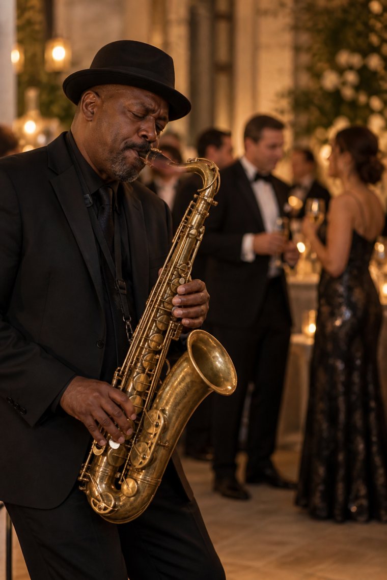 Saxophonist im Anzug spielt bei einem eleganten Empfang
