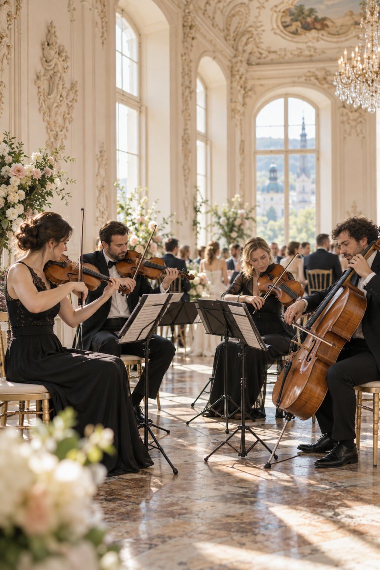 Streichquartett spielt in einem hellen historischen Saal