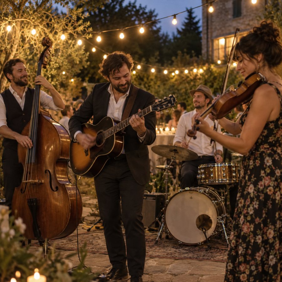 Live-Band spielt am Abend unter Lichterketten im Freien