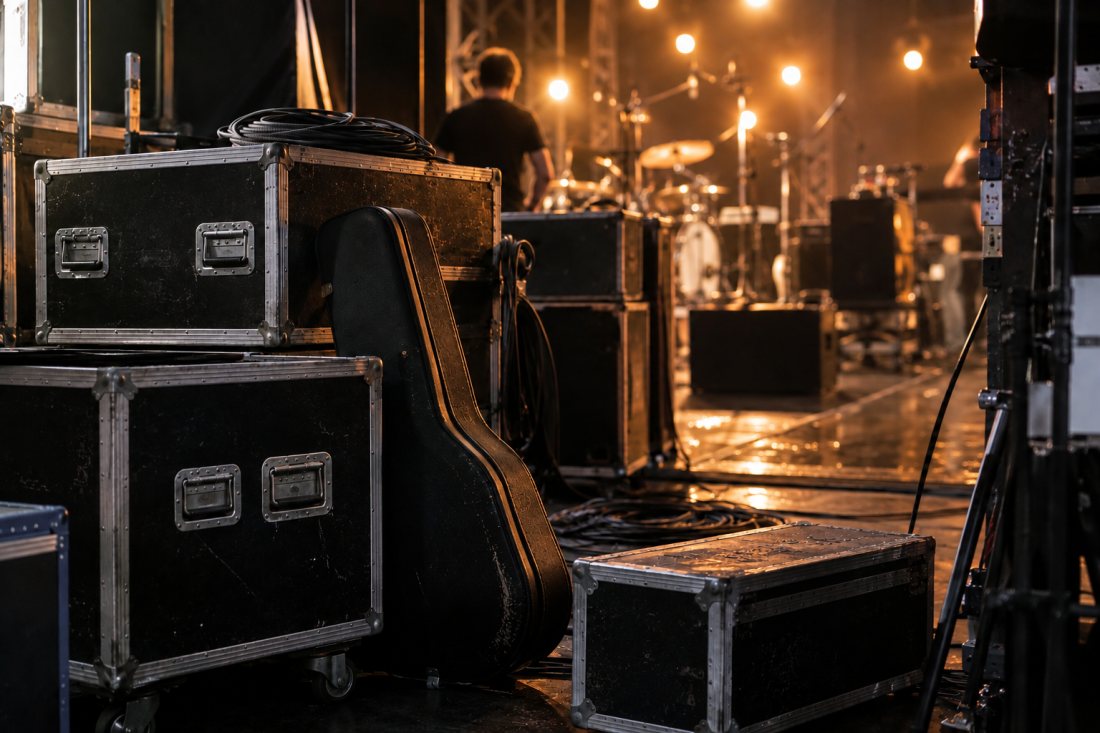 Flightcases mit Musikequipment hinter der Bühne
