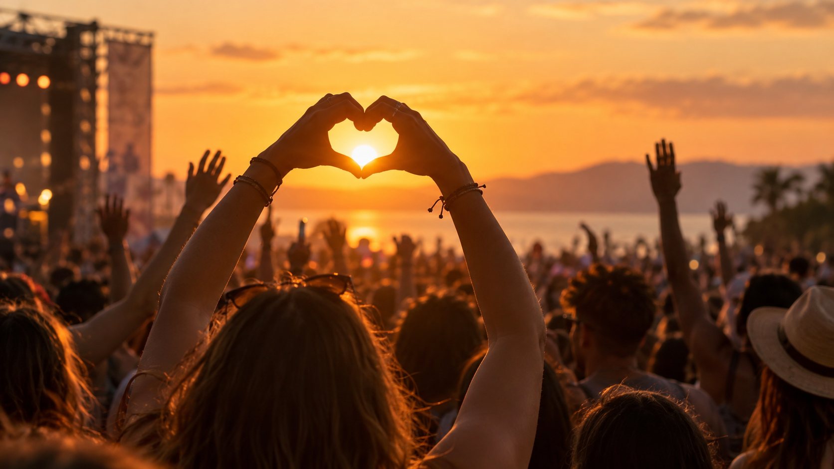Feiernde Menschen bei einem Open-Air-Fest im Sonnenuntergang