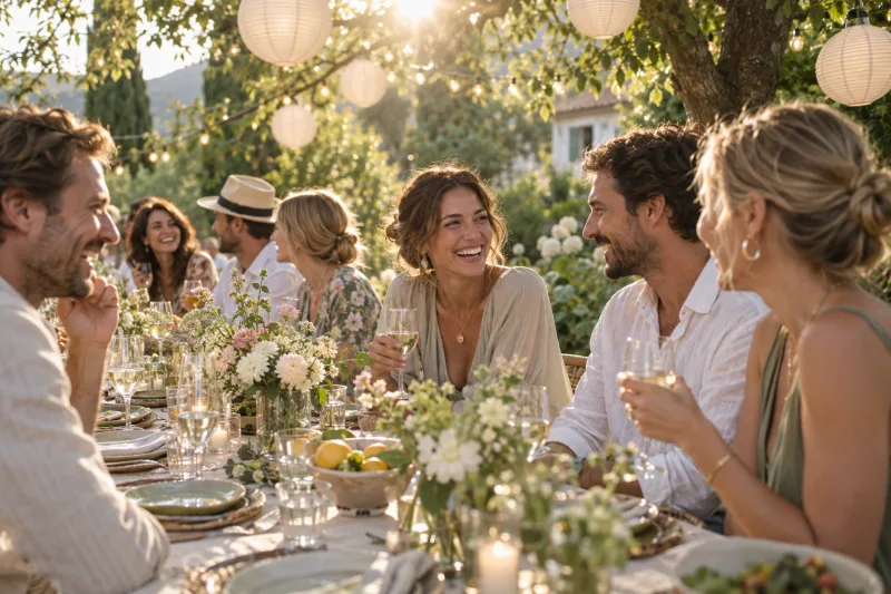 Freunde feiern an einer langen Tafel im Garten