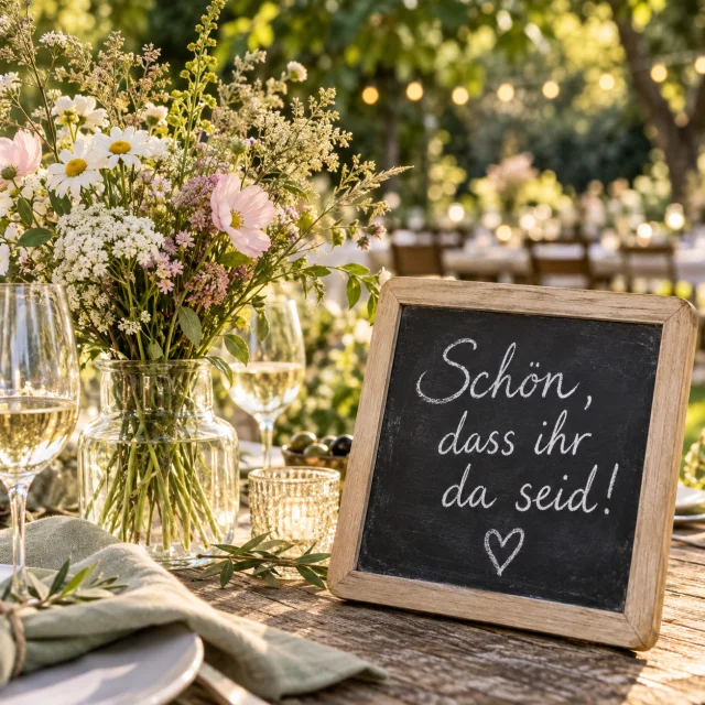 Blumen und eine Tafel mit Schön, dass ihr da seid! auf einem Gartentisch