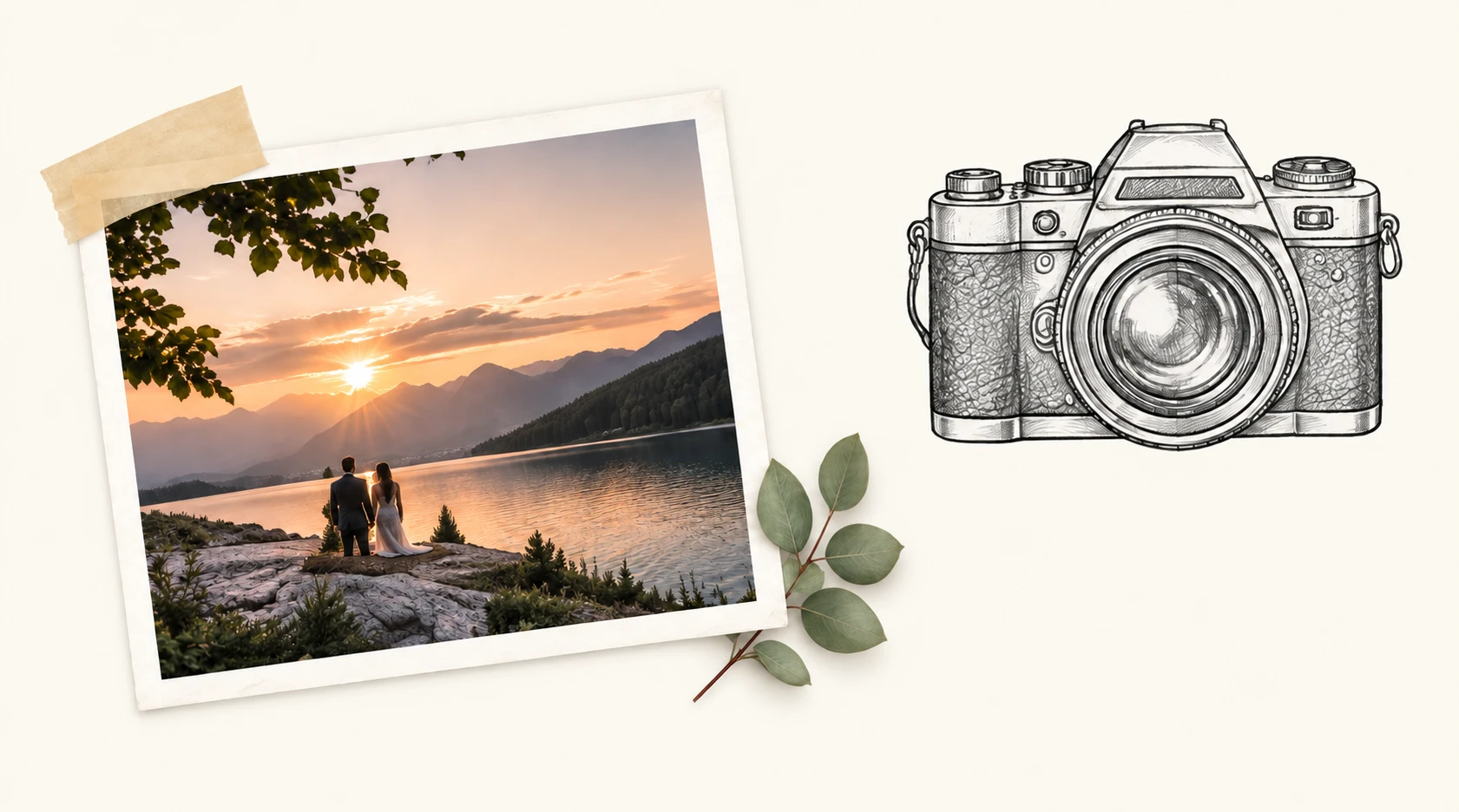 Ein Erinnerungsfoto am Bergsee mit einem gezeichneten Fotoapparat.