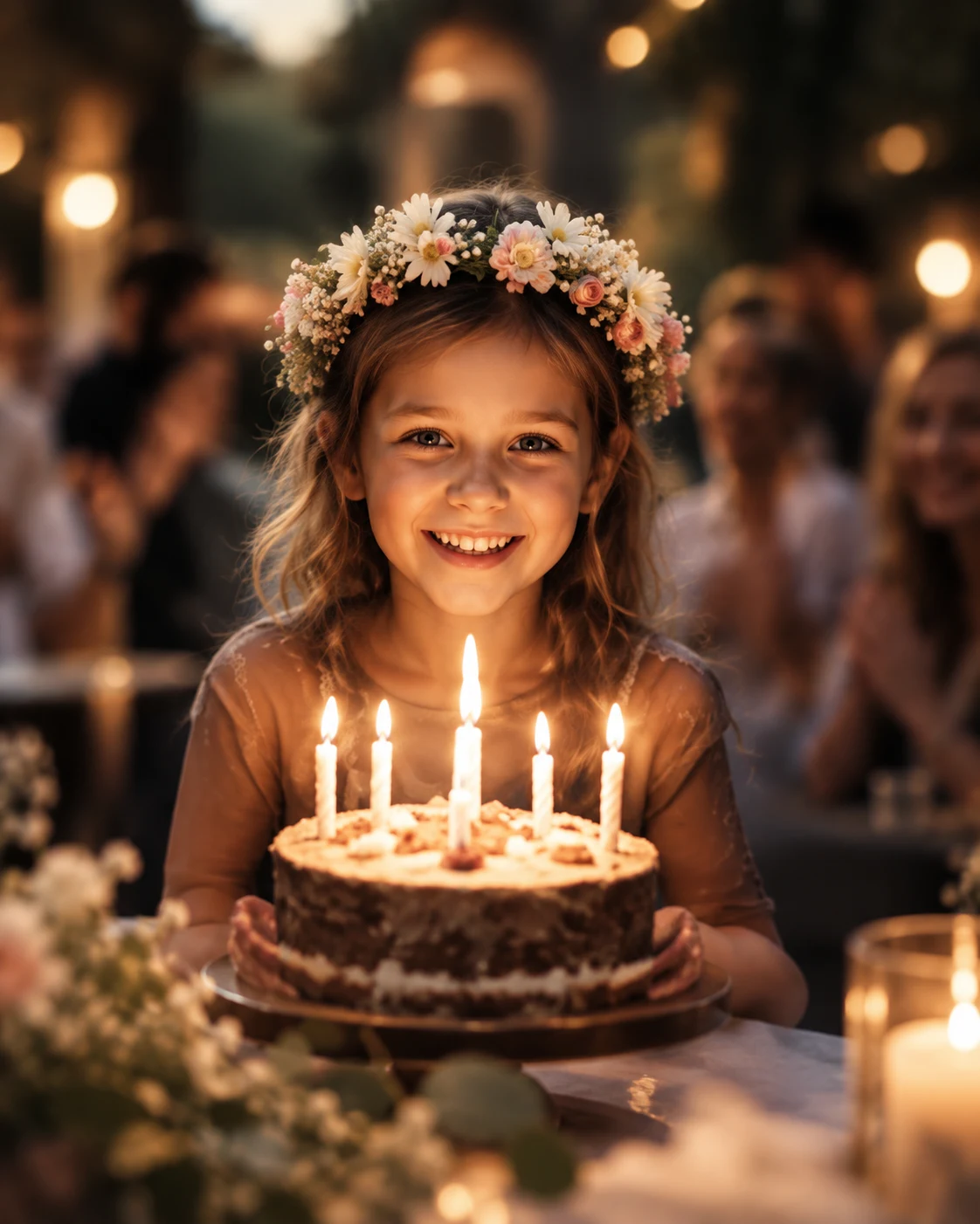 Ein Geburtstagskind mit einer Torte und brennenden Kerzen.