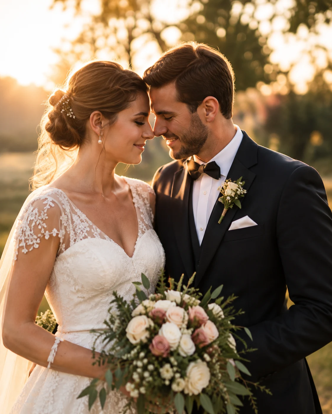 Ein Hochzeitspaar berührt sich liebevoll mit der Stirn.