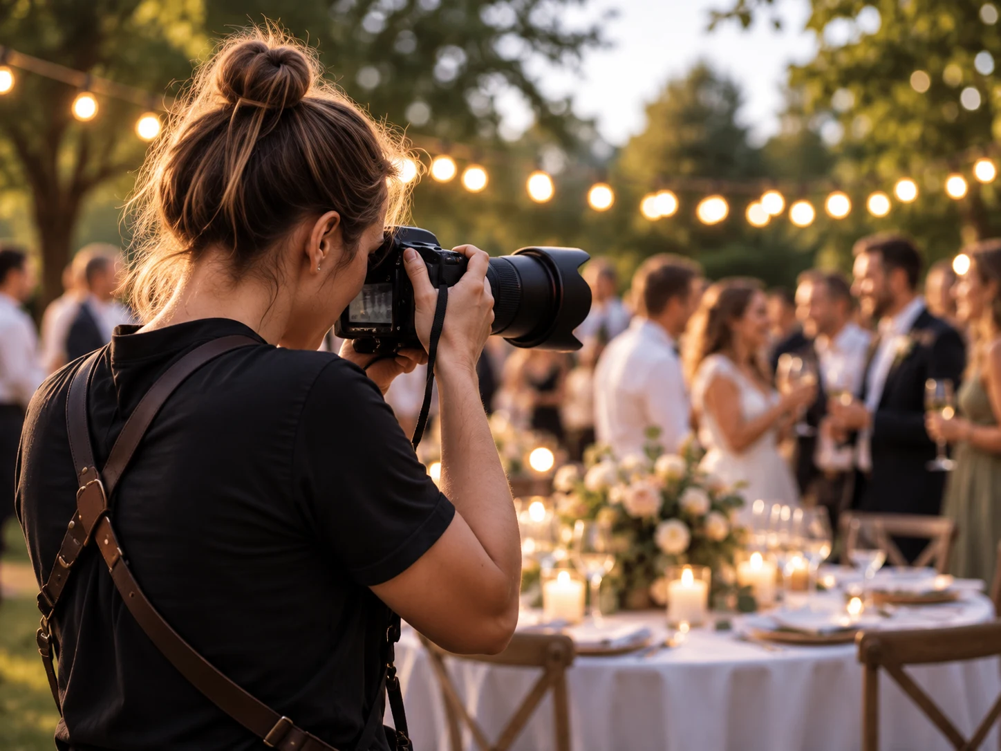 Eine Fotografin hält die Momente einer Gartenfeier fest.