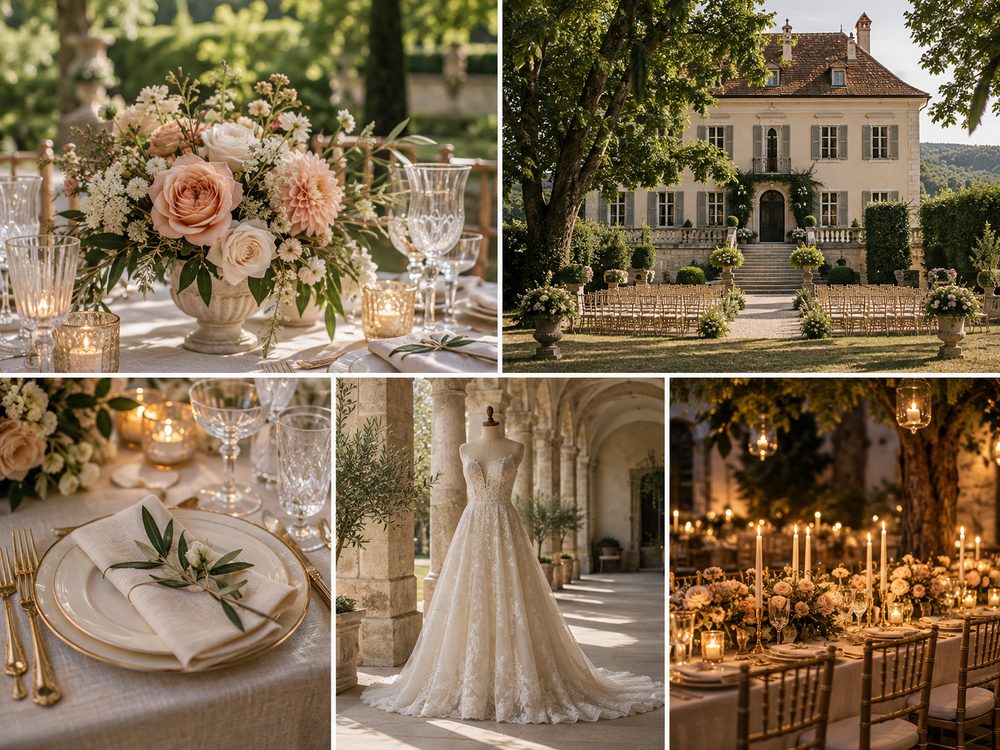 Beispiel-Moodboard: Blumen, Gartenlocation, Tischdekoration, Brautkleid und Kerzenlicht